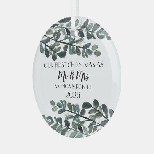 Rustikaler Eukalyptus Keepake Erste Weihnachten Ornament Aus Glas (Vorderseite links)