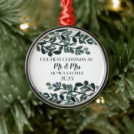 Rustikaler Eukalyptus Keepake Erste Weihnachten Ornament Aus Metall (Baum)