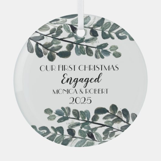 Rustikaler Eukalyptus Keepake Erste Weihnachten Ve Ornament Aus Glas (Vorderseite)