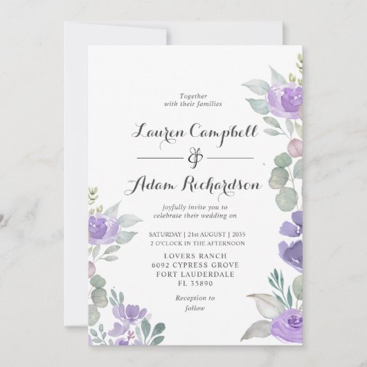 Rustikaler Eukalyptus Lila Hochzeitstag Einladung (Vorderseite)