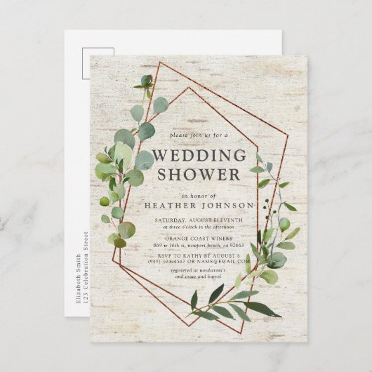 Rustikaler Eukalyptus-Polterabend Ankündigungspostkarte (Vorne/Hinten)