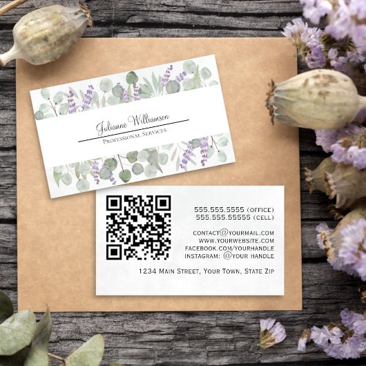 Rustikaler Eukalyptus und Lavender QR Code Visitenkarte