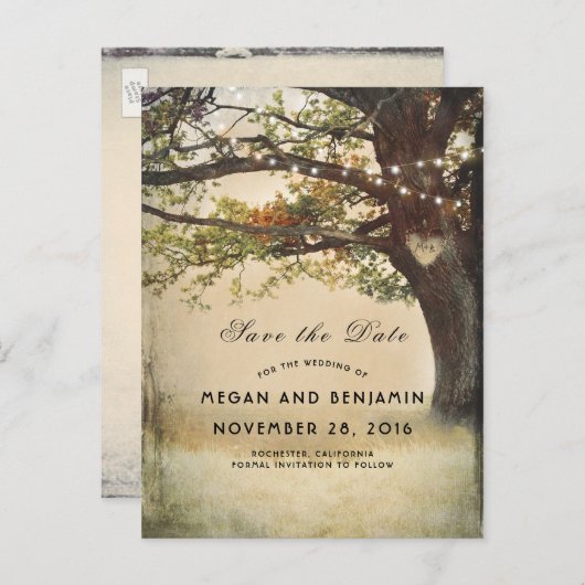 Rustikaler Fall Baum und Twinkle Leuchten Save the Ankündigungspostkarte (Vorne/Hinten)