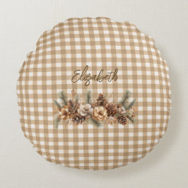 Rustikaler Fall Botanischer Brown Gingham Personal Rundes Kissen