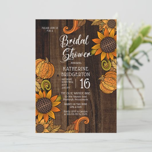 Rustikaler Fall | Brautparty für Herbstsonnenblume Einladung (Stehend Vorderseite)