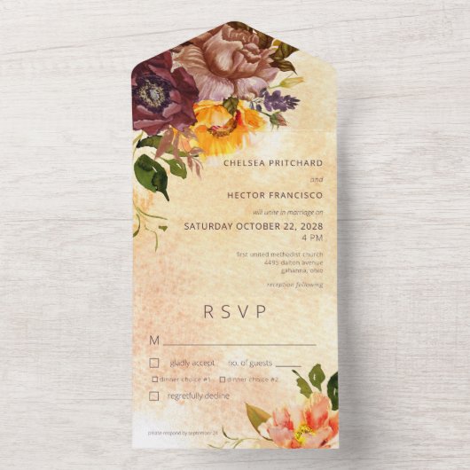 Rustikaler Fall Burgund & Gelb Gelbes Abendessen All In One Einladung (Innen Boden)