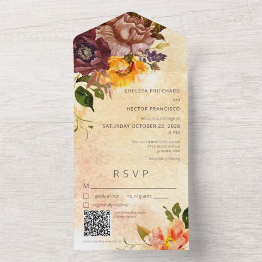 Rustikaler Fall Burgundgelber Gelbblütengelber QR- All In One Einladung (Innen Boden)