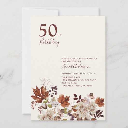 Rustikaler Fall Floral Erwachsener Meilenstein Geb Einladung (Vorderseite)