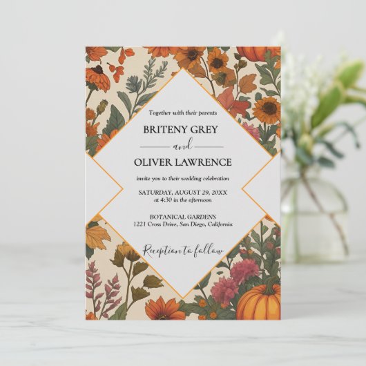 Rustikaler Fall Floral Pumpkin Herbst Ernte Weedin Einladung (Stehend Vorderseite)
