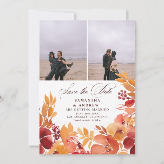 Rustikaler Fall florale 3 Fotos Save the Date Hoch (Vorderseite)