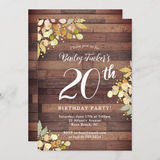 Rustikaler Fall Florals Gold Foil Dots 20. Geburts Einladung (Vorne/Hinten)