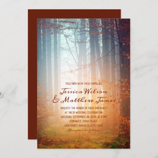 Rustikaler Fall Forest Burgund Herbsthochzeit Einladung (Vorne/Hinten)