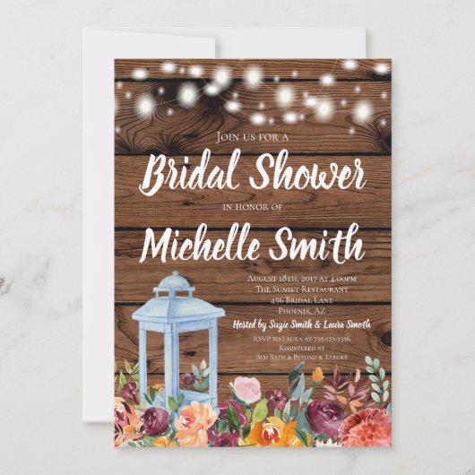 Rustikaler Fall-Herbst-Blumenlaternen-Brautparty Einladung (Vorderseite)
