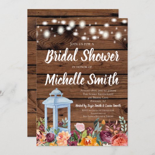 Rustikaler Fall-Herbst-Blumenlaternen-Brautparty Einladung (Vorne/Hinten)