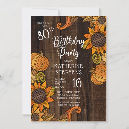 Rustikaler Fall |Herbst Sonnenblumen 80. Geburtsta Einladung (Vorderseite)