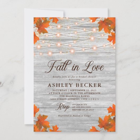 Rustikaler Fall in Liebe String Lights Brautparty Einladung (Vorderseite)