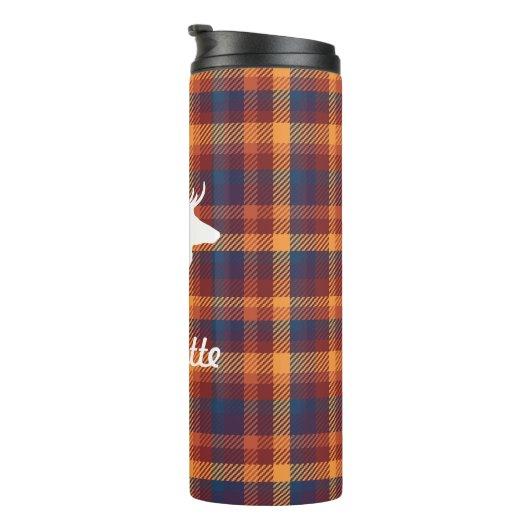 Rustikaler Fall Kariert & Weiße Hirsche Silhouette Thermosbecher (Nach rechts gedreht)