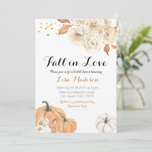 Rustikaler Fall-Kürbis-Fall in Liebe-Brautparty Einladung (Stehend Vorderseite)