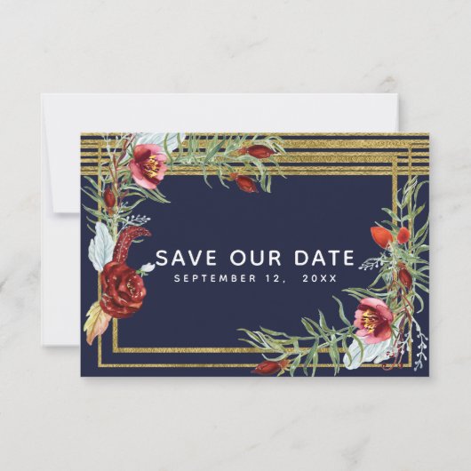 Rustikaler Fall Marsala Floral Navy Blau Save the  Save The Date (Rückseite)