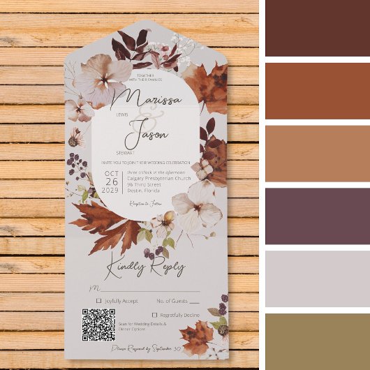 Rustikaler Fall-Neutral-Kranz-QR-Code All In One Einladung