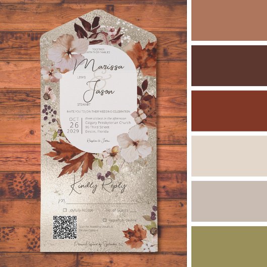 Rustikaler Fall-Neutral-Wraath-Gold-QR-Code All In One Einladung