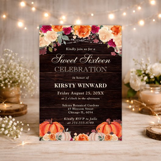 Rustikaler Fall Orange Pumpkin Floral 16 . Geburts Einladung