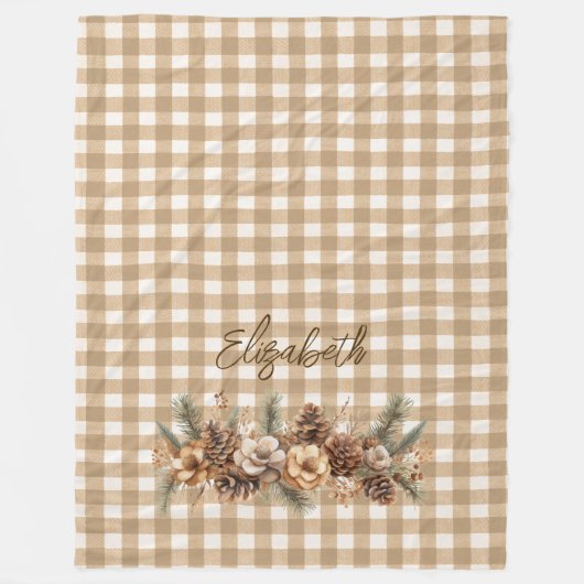 Rustikaler Fall Pine Cones Brown Gingham Personali Fleecedecke (Vorderseite)
