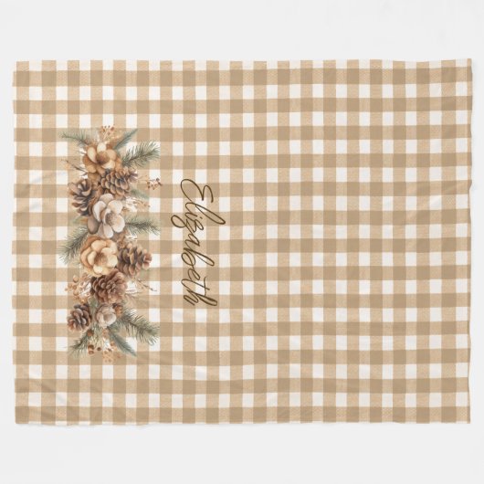 Rustikaler Fall Pine Cones Brown Gingham Personali Fleecedecke (Vorderseite (Horizontal))