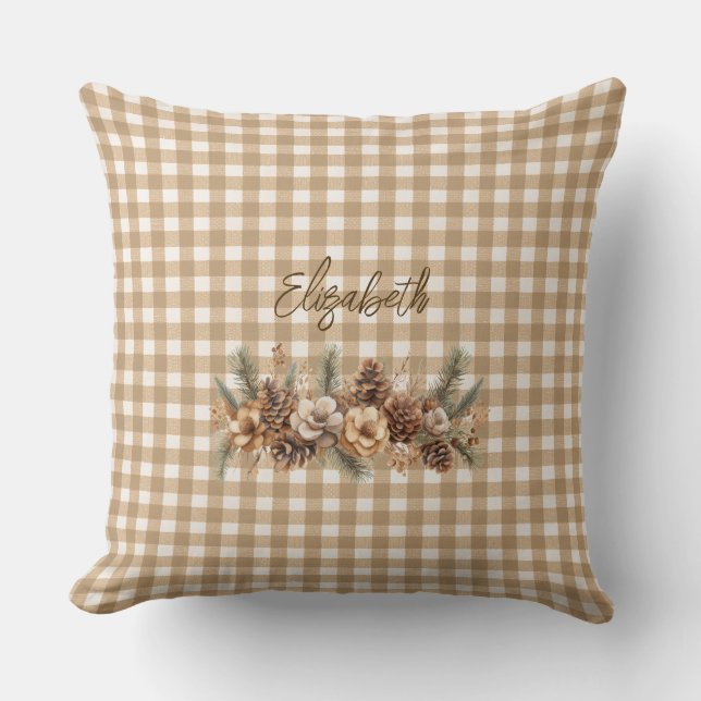 Rustikaler Fall Pine Cones Brown Gingham Personali Kissen (Vorderseite)