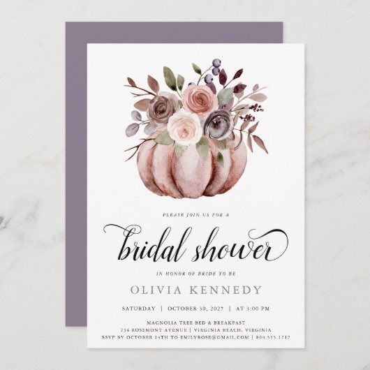 Rustikaler Fall Pumpkin Brautparty Rust Floral Einladung (Vorne/Hinten)