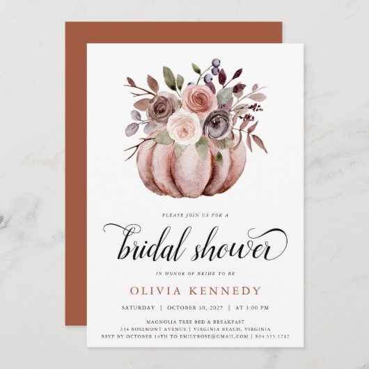 Rustikaler Fall Pumpkin Brautparty Rust Floral Einladung (Vorne/Hinten)