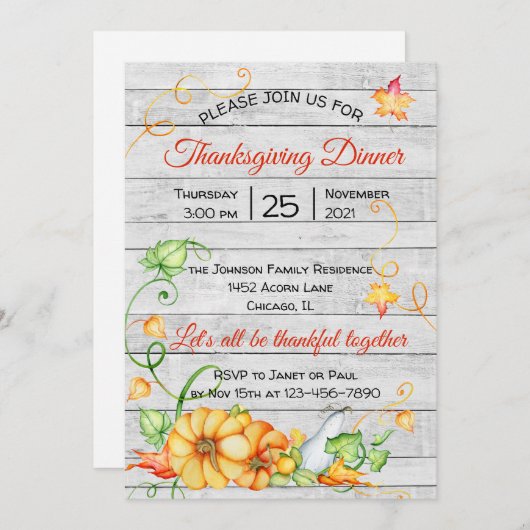 Rustikaler Fall Pumpkin Floral Erntedank Dinner I Einladung (Vorne/Hinten)