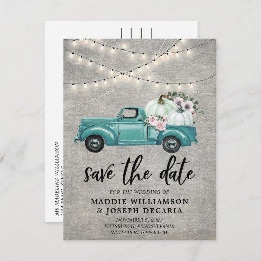 Rustikaler Fall Pumpkin Floral Lights Save the Dat Ankündigungspostkarte (Vorne/Hinten)