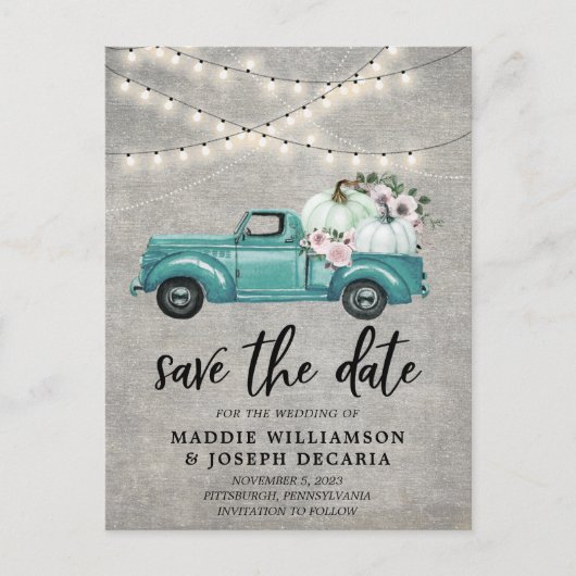 Rustikaler Fall Pumpkin Floral Lights Save the Dat Ankündigungspostkarte (Vorderseite)