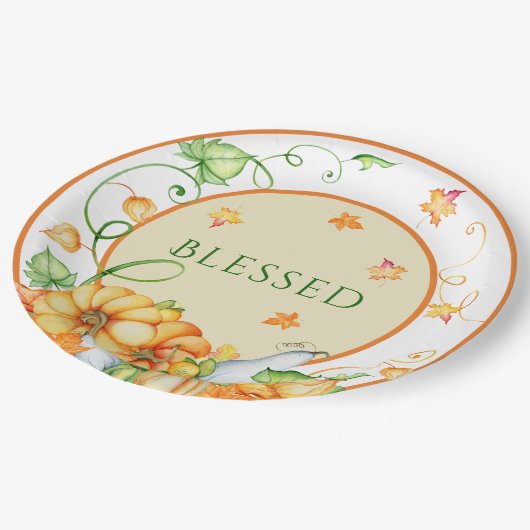 Rustikaler Fall Pumpkin Floral Selig Erntedank Pappteller (Schrägansicht)