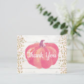 Rustikaler Fall Pumpkin Pink Gold Glitzer Dankeskarte (Stehend Vorderseite)