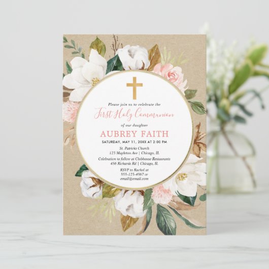 Rustikaler Fall rot Rosa Weiße Blumengemeinde Einladung (Stehend Vorderseite)