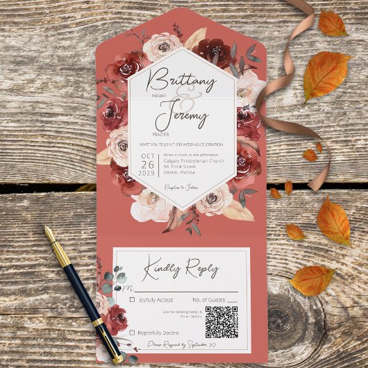 Rustikaler Fall Rust Floral auf Rust QR Code All In One Einladung