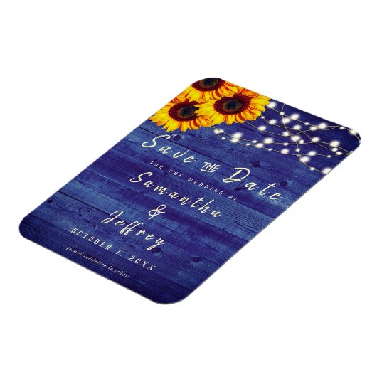 Rustikaler Fall Sonnenblume Hochzeitblau Save the Magnet (Linke Seite)