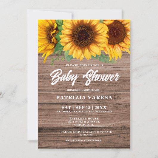 Rustikaler Fall Sonnenblume Kinderdusche aus Holz Einladung (Vorderseite)
