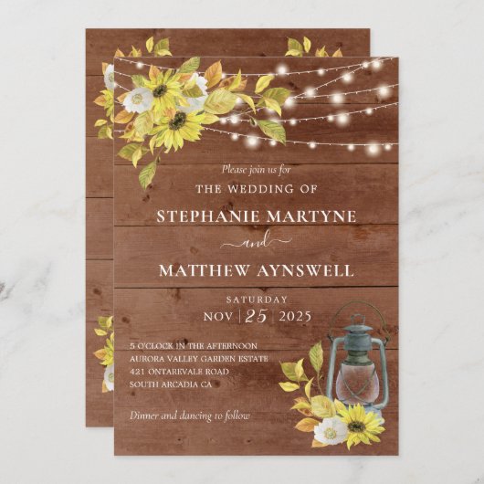 Rustikaler Fall Sonnenblume Laternenleuchten Holzv Einladung (Vorne/Hinten)