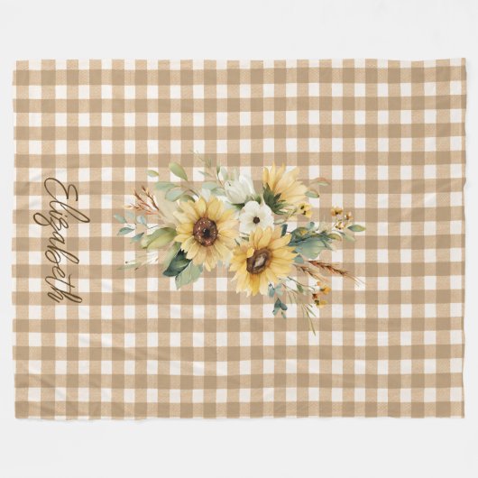 Rustikaler Fall Sonnenblumen Brown Gingham Persona Fleecedecke (Vorderseite (Horizontal))