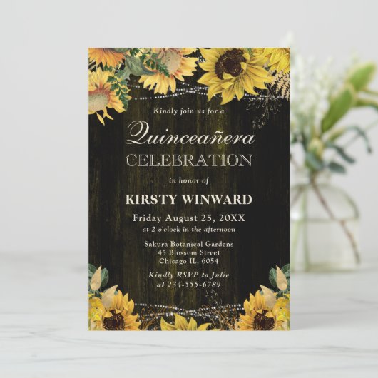 Rustikaler Fall Sonnenblumen Holz und Lichter Quin Einladung (Stehend Vorderseite)