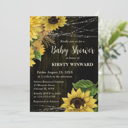 Rustikaler Fall Sonnenblumen Holzleuchten Babydusc Einladung (Stehend Vorderseite)