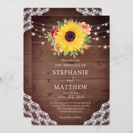 Rustikaler Fall Sonnenblumen Korallenleuchten Hoch Einladung (Vorne/Hinten)