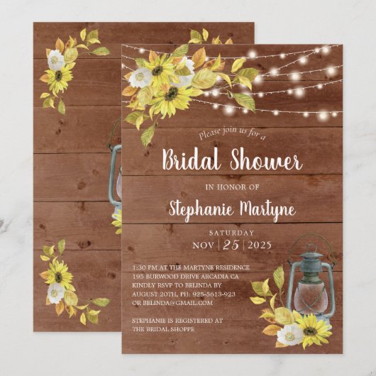 Rustikaler Fall Sonnenblumen Laternenleuchte Braut Einladung (Vorne/Hinten)
