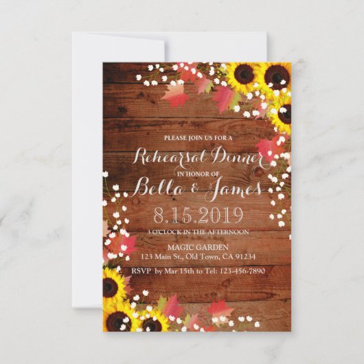 Rustikaler Fall Sonnenblumen Probe Abendessen einl Einladung (Vorderseite)