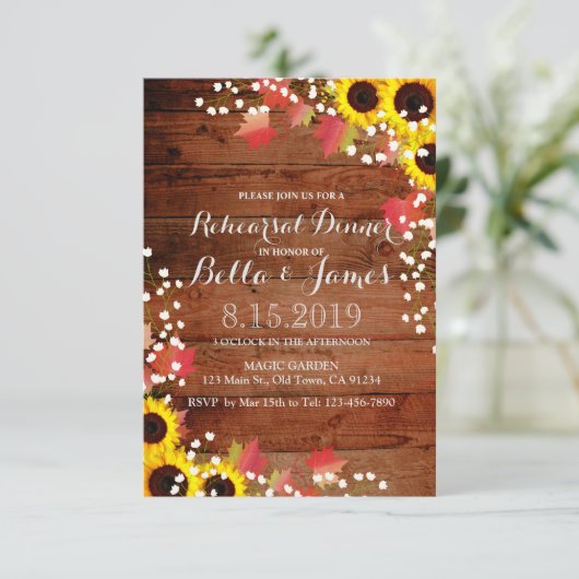 Rustikaler Fall Sonnenblumen Probe Abendessen einl Einladung (Stehend Vorderseite)