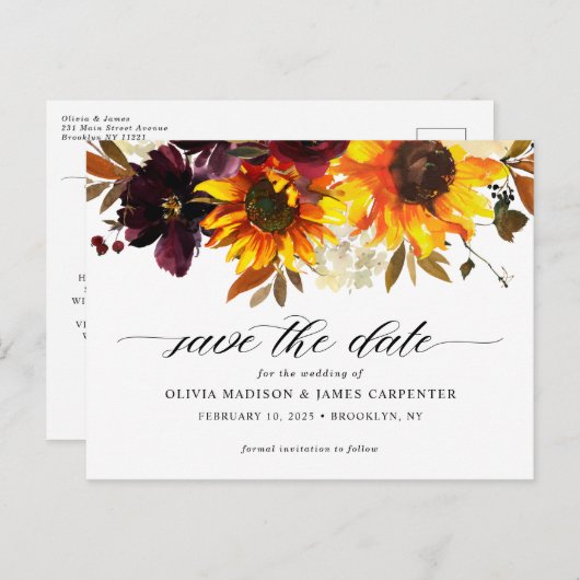 Rustikaler Fall Sonnenblumenhochzeit retten Datum Ankündigungspostkarte (Vorne/Hinten)