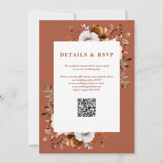Rustikaler Fall Terracotta Floral QR Code Hochzeit Einladung (Rückseite)